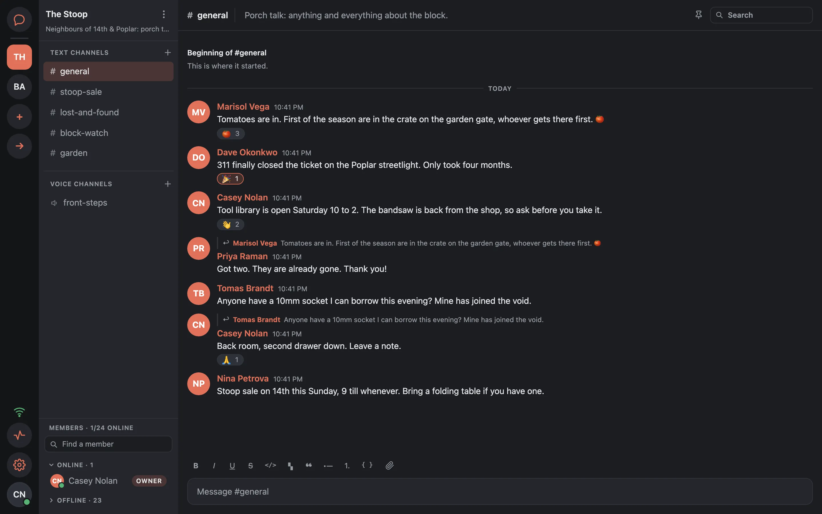 Stoop's web app: a space called The Stoop with text and voice channels down the left, a channel of messages from neighbours with replies and reactions, and the member list.